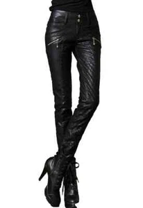 Women's 100% Real Leather Quilted Skinny Pants- Black Slim Fit Designer Trousers - Picture 1 of 5