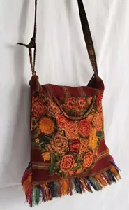 Vtg Boho Autumn Colors Embroidered Floral Crossbody Shoulder Bag Mexico 13" - Picture 1 of 17