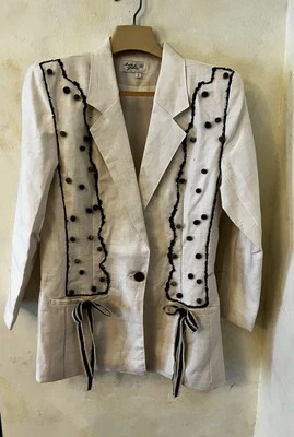 Chaqueta Art To Wear Artesanal Artesanal Damas Pompones Crema Lino Talla 6 Poli Forrada Foto 1 de 4