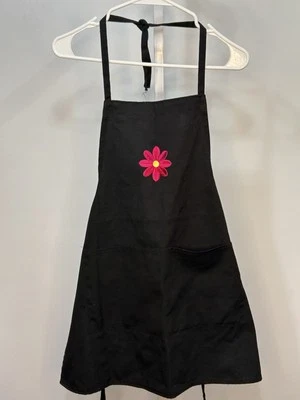 Apron Black Unisex Medium Length Around Neck Embroidered Flower. 2Y - Image 1 of 3