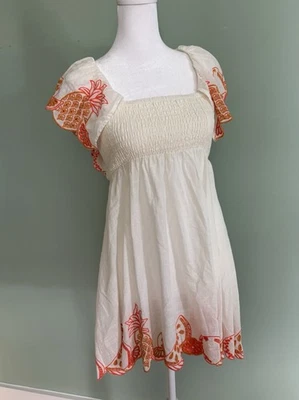 Vestido Anthropologie Mujer Pequeño Mini Blanco Naranja Manga Acampanada Cuello Cuadrado Foto 1 de 4