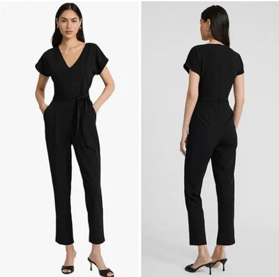 J. Crew Women's Black V-Neck Short Sleeve Belted Tie Waist Romper Jumpsuit 6 NEW - Image 1 of 4