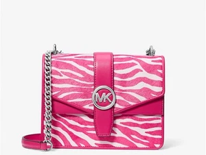 Borsa a tracolla Michael Kors Greenwich piccola stampa zebrata capelli di vitello rosa/bianco - Foto 1 di 4