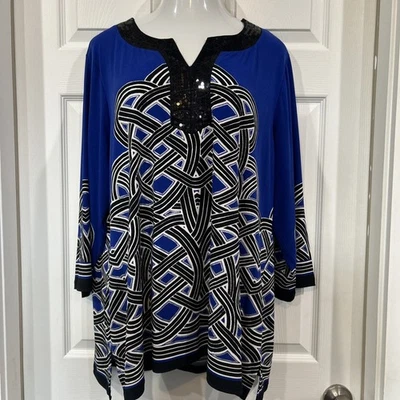 Blusa túnica elástica cuello lentejuelas estampado geométrico colección JM talla grande 3X Foto 1 de 4