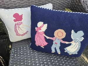 Vintage Floral Needlepoint Pillows with Sunbonnet Children - Picture 1 of 6