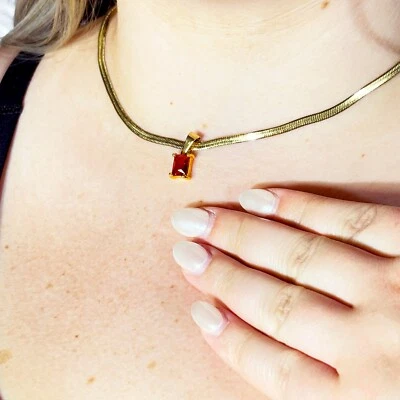 Red Ruby CZ Snake Chain Necklace–18K Gold-Emerald Cut-Minimal-Birthstone Jewelry - Image 1 of 4