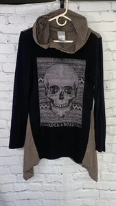 Vocal USA Rock & Roll Tunic Hoodie Black Beige Crystals Studded Scull Medium - Picture 1 of 24