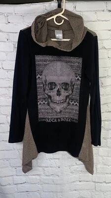 Túnica com capuz Vocal EUA Rock & Roll preta bege cristais cravejada scull média - Imagem 1 de 4