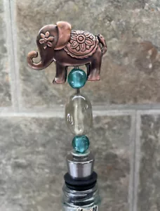 Unique Copper Toned Metal Elephant Wine Bottle Stopper w/Clear & Blue Beads - Picture 1 of 6