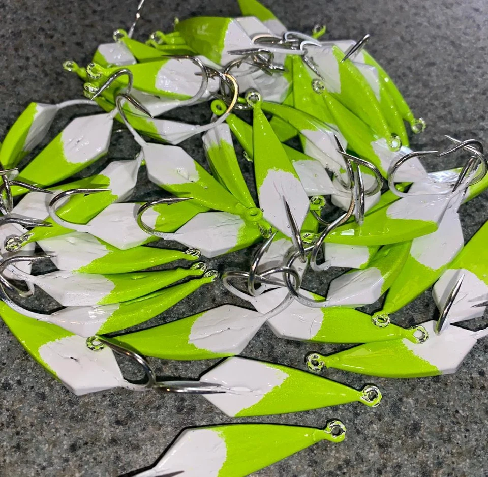 T&A JIGS 10 PACK Wacky Goofy Silly Pompano Jigs WHITE / GREEN CHARTREUSE 1/8oz to 1oz