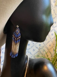 Boho Indianer Stil Tribal Samen Perlen Perlen blau Silber Ohrringe Fransen 4" lang - Bild 1 von 10