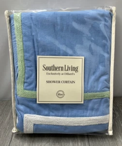 Southern Living Sutton Tenda da Doccia in Cotone, Blu con Accento Bianco Verde 72"x72" - Foto 1 di 9