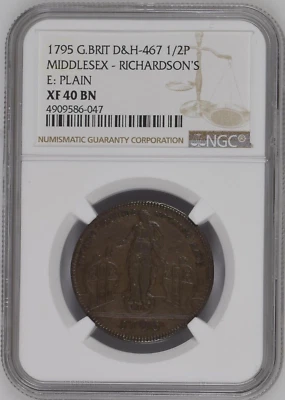 1795 GREAT BRITAIN D&H-467 1/2 PENNY MIDDLESEX - RICHARDSON'S - NGC XF40 BN - Image 1 of 4