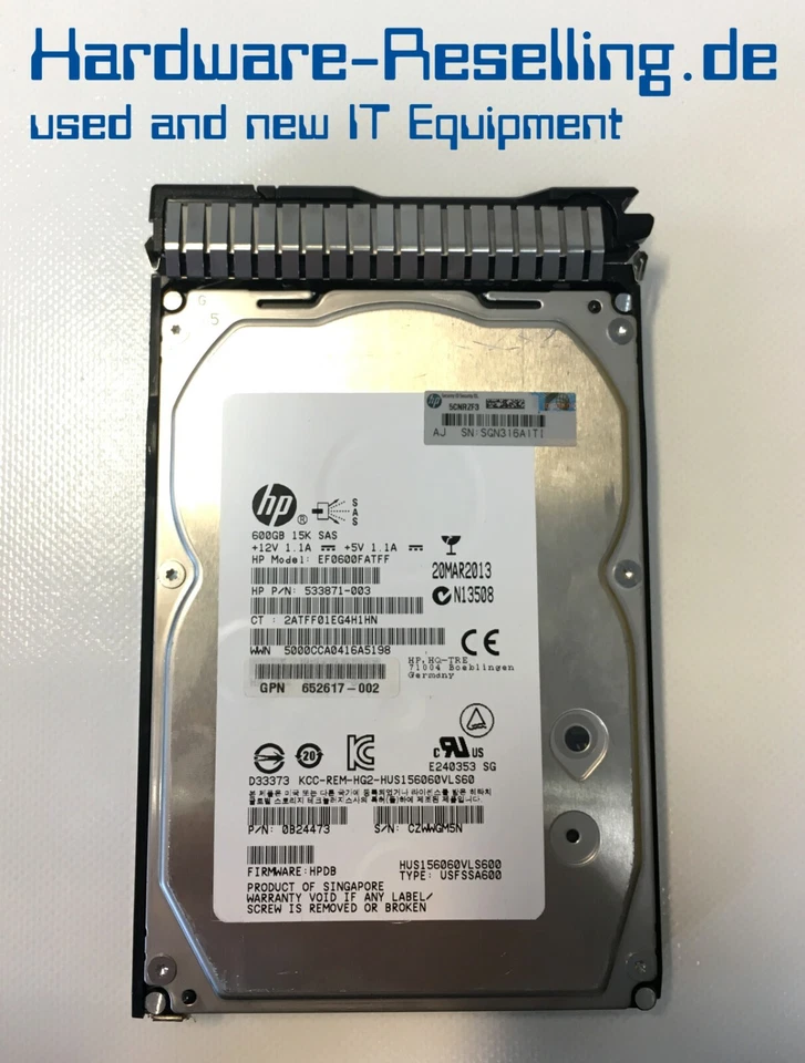 HP 600GB 3.5" 15k SAS EF0600FATFF HUS156060VLS600 533871-003 653952 652617-002 - Bild 1 von 1