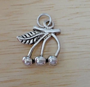 Sterling Silber 3D 18x16mm Obst Kirsche Kirschen & Stiele Charm - Bild 1 von 3