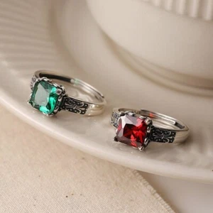 925 Sterling Silver Retro Emerald Ruby Crytals Adjustable Ring Womens Girls Gift - Picture 1 of 5