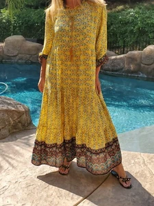 Maxi Vestido Maya Antonia Floral-Amarillo-Marrón Bohemio Mangas Largas, Volantes, Boho - Imagen 1 de 11