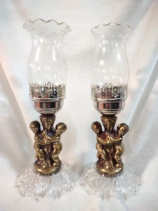 Vtg Regency Cherub Brass Glass Candle Holders COMPLETE WITH GLOBES - Picture 1 of 7