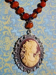 Greek Goddess Large Ivory & Brown Cameo Carnelian Glass Beaded Pendant Necklace - Picture 1 of 14