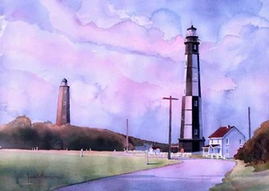 Cape Henry Lighthouses Sunrise, Fort Story, Va. Beach. James Mann Art Notecards - Picture 1 of 2