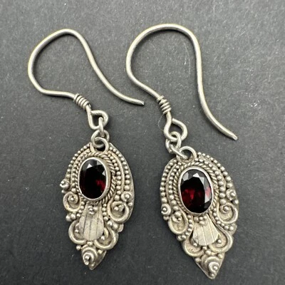 Vintage Sterling Silver 925 Intricate Bead Vine 1.5” Earrings Pyrope Garnet - Image 1 of 4