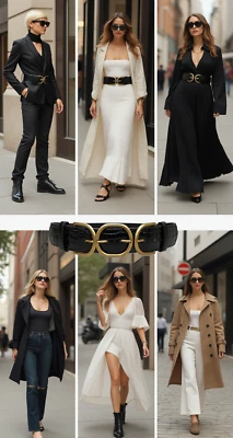 Women Black Faux Leather Everyday Fashion Belt Antique Gold Double Buckles S M - Image 1 of 4