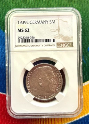 NGC MS 62 1939 E 5 marcos alemán Segunda Guerra Mundial moneda de plata Tercer Reich Reich Reich Reichsmark Foto 1 de 2