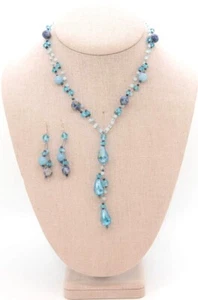 Sterling Silver Blue Natural Stone Jewelry Set Necklace & Earrings Gift Ready - Picture 1 of 2