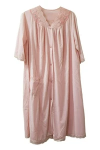 Shadowline Pink Nylon Robe, Medium, Pocket, 5 Button Close, 40", Lace, Roses - Picture 1 of 7
