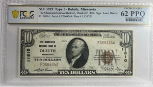 1929 $10 MINNESOTA BANCA NAZIONALE DI DULUTH BANCONOTA VALUTA #11810 PCGS 62 PPQ - Foto 1 di 4
