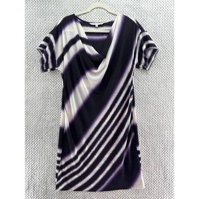 Vestido Trina Turk Mujer 4 Blanco Púrpura Rayas Seda Túnica Capucha Cuello Manga Dolman Foto 1 de 4