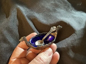 Vtg Sterling Silver Viking Ship Salt Cellar Cobalt Glass Insert Sweden w Spoon - Picture 1 of 11