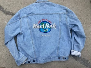 Vtg HARD ROCK CAFE Atlanta Denim Jacket Trucker Sz L Biker SAVE THE PLANET - Picture 1 of 6