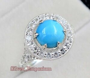 925 Sterling Silver 9 MM Round Natural Turquoise Gemstone Wedding Ring For Women