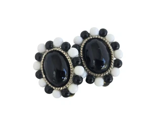 Vintage Black and White Bead Clip Earrings w/ Black Cab Center - Picture 1 of 7
