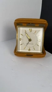 Vintage 1950s Westclox Travel Alarm Clock Brown Leather Case Working - Picture 1 of 7