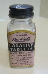 VINTAGE RAWLEIGH'S ABFÜHRMITTEL TABLETTENFLASCHE 100 TABLETTEN - METALLDECKEL MIT ETIKETT RAWLEIGH CO - Bild 1 von 4
