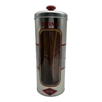 Suporte de palha vintage de metal Coca Cola estanho 9" com canudos - Imagem 1 de 4