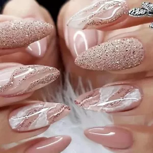 24pcs Nude Marble Print Press On Nails, Glossy Medium Almond Shaped False Nails - Picture 1 of 8