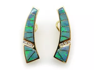 14k Yellow Gold .15ct Round Diamond Multi Color Opal Inlay Dangle Drop Earrings - Picture 1 of 5