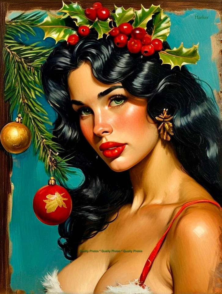Christmas PInup Holly in Her Hair 8.5x11" Photo Print Style Gauguin/ Harker Art - Image 1 of 1