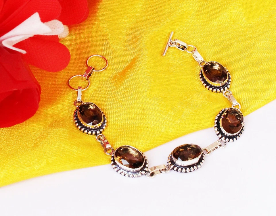 Smoky Quartz Gemstone Handmade 925 Sterling Silver Jewelry Bracelet Sz 7-8" - Image 1 of 1