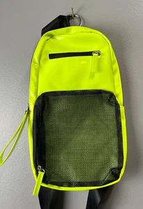 Neon Yellow Compact Sling Vinyl Backpack Black Zip and Net 80s Throwback - Picture 1 of 7