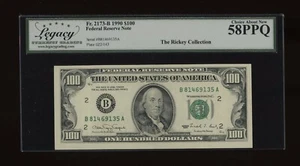 DBR 1990 $100 FRN New York Fr. 2173-B Legacy 58 PPQ Serial B81469135A - Picture 1 of 2