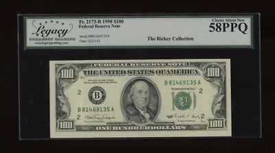 DBR 1990 $100 FRN New York Fr. 2173-B Legacy 58 PPQ Serial B81469135A - Image 1 of 2