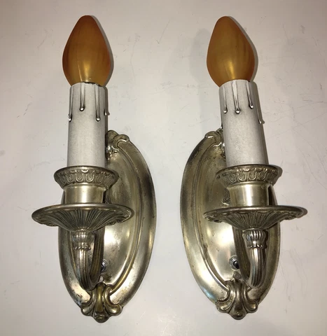 Nice early nickel plated sconces with nice worn antique patina Wired Pair 41B Cover