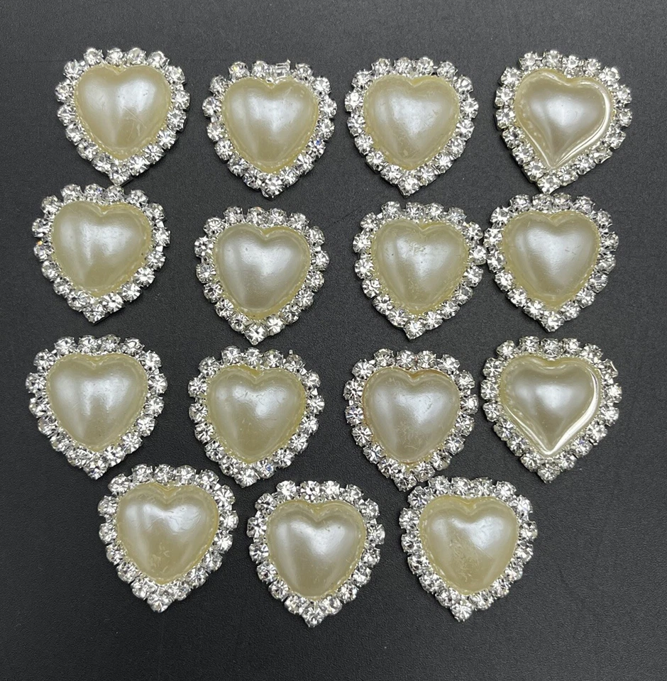 15pcs Heart Ivory Pearl Rhinestone FLATBACKS Button Silver 21x22mm NO SHANKS - Image 1 of 4