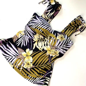 S Island Waves Womens Tankini Top Tropical Print Swimwear Adjustable Cap Sleeve - Picture 1 of 8
