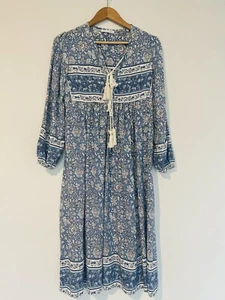 R.Vivimos Abito Boho Manica Lunga Nappa Midi Relaxed Fit Floreale Blu Taglia S 4/6 - Foto 1 di 9