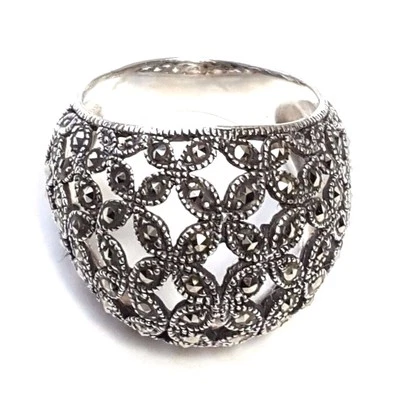 (SIZE 6,7,8) FLORAL LATTICE CHUNKY RING Marcasite Studded .925 STERLING SILVER - Image 1 of 4